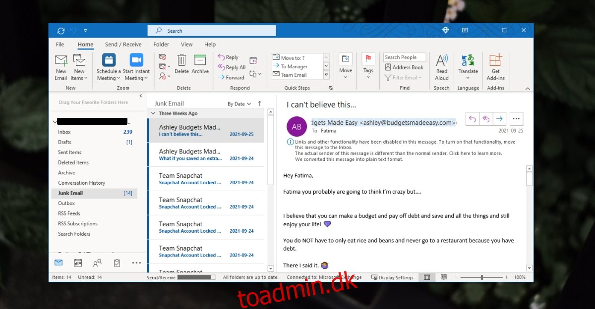Sådan repareres Outlook bliver ved med at sende e-mails til uønsket eller spam-mappe