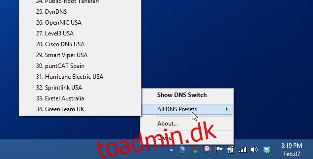 Skift mellem 30+ populære DNS-servere fra Windows-systembakken