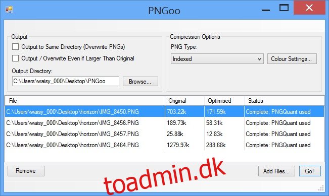 Batchkomprimer PNG-billeder tabsfrit på Windows med PNGoo