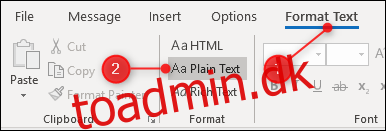 Klik på Formater tekst > Almindelig tekst” width=”386″ height=”131″ onload=”pagespeed.lazyLoadImages.loadIfVisibleAndMaybeBeacon(this);”  onerror=”this.onerror=null;pagespeed.lazyLoadImages.loadIfVisibleAndMaybeBeacon(this);”></p>
<p>Hvis din signatur indeholder HTML, såsom et link eller formatering, viser Outlook en advarsel, der fortæller dig det du kommer til at miste dette, når du skifter til almindelig tekst.</p>
<p><img loading=