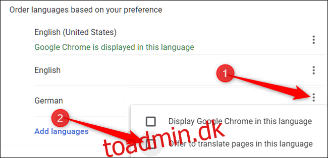 Vælg manuelt, hvad Chrome gør med et sprog ved at klikke på de tre prikker ud for et sprog, og derefter markere/fravælge 