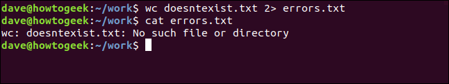 Output-omdirigering kan også omdirigere fejlmeddelelser, hvis du bruger et ciffer (2, i vores eksempel) med >.  Sådan gør du: 