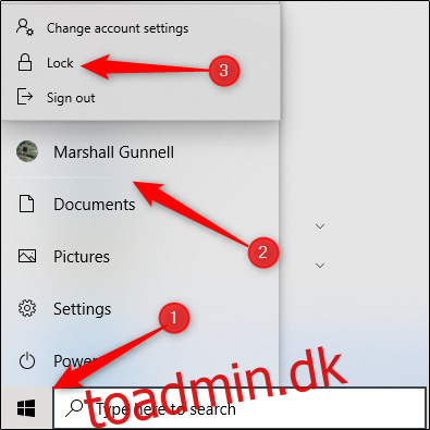 Klik på knappen Start (Windows-ikonet), vælg dit kontonavn, og klik derefter 