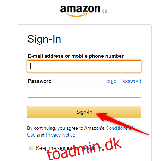Indtast dine Amazon-legitimationsoplysninger, og klik derefter 