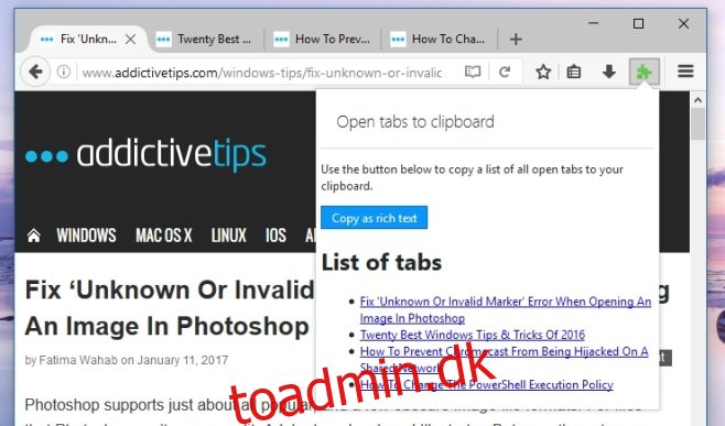 Sådan kopierer du titlen og URL'en på alle åbne faner i Firefox
