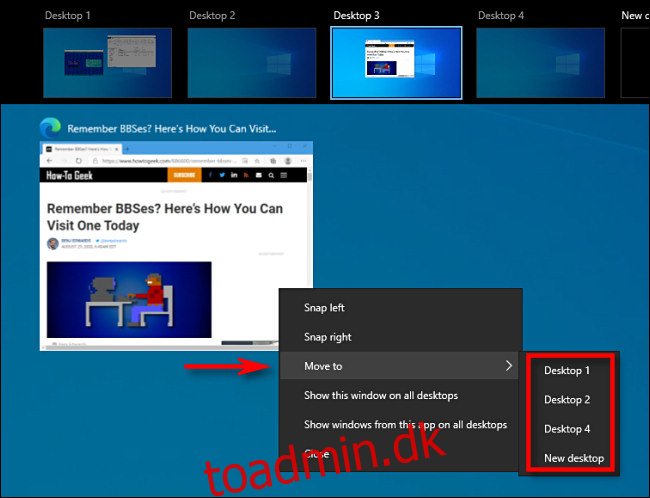 I Opgavevisning på Windows 10 skal du højreklikke på et vinduesminiaturebillede og vælge 