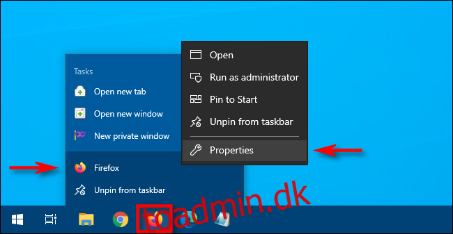 I Windows 10 skal du højreklikke på proceslinjeikonet og derefter højreklikke på genvejen og vælge 