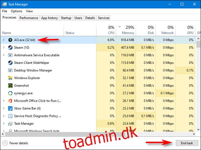 For at dræbe en proces i Task Manager til Windows 10 skal du vælge processen fra listen og klikke 