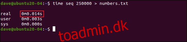 time seq 250000 > numbers.txt i et terminalvindue.”  width=”646″ højde=”147″ onload=”pagespeed.lazyLoadImages.loadIfVisibleAndMaybeBeacon(this);”  onerror=”this.onerror=null;pagespeed.lazyLoadImages.loadIfVisibleAndMaybeBeacon(this);”></p>
<div style=