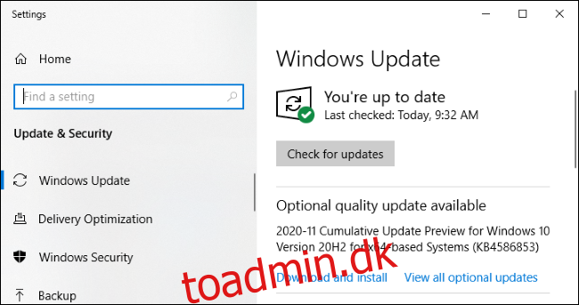 Windows Update viser en 