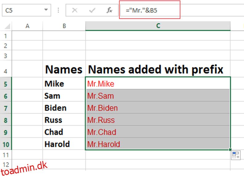 Sådan tilføjes præfiks og suffiks til hele kolonnen i Excel