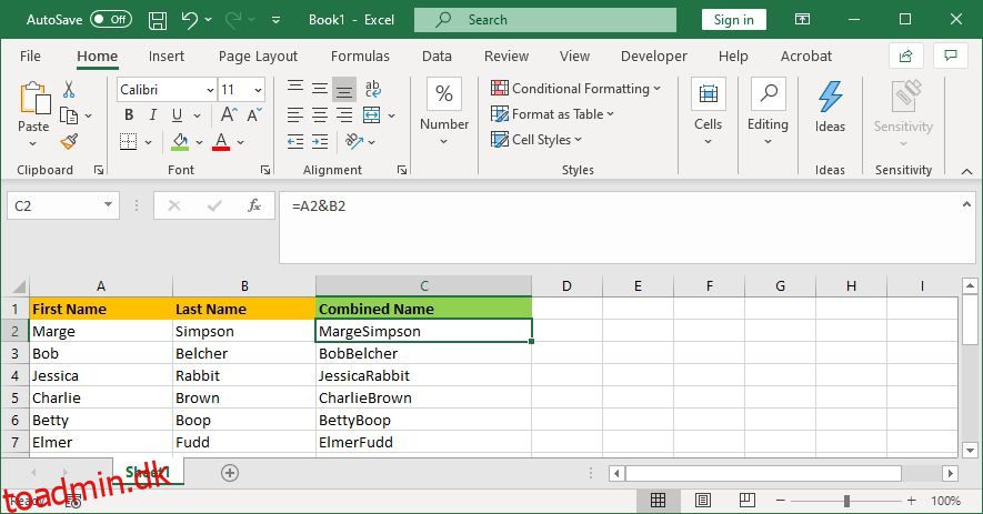 Sådan kombineres to kolonner i Microsoft Excel